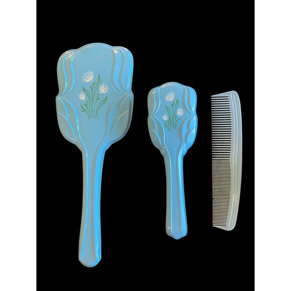 Vintage Vanity Set Hairbrush Brush Comb Mirror Blue Floral 1950s Childrens Girls - Picture 10 of 16
